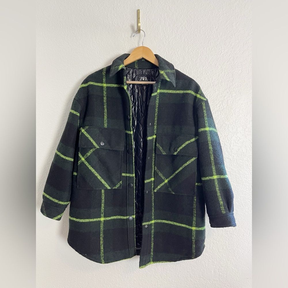 Zara Tartan PLAID PADDED OVERSHIRT lined wool Shacket Small - Picture 7 of 11